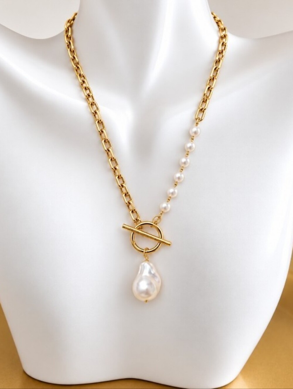 Gold Pearl Paperclip Chain Toggle Necklace